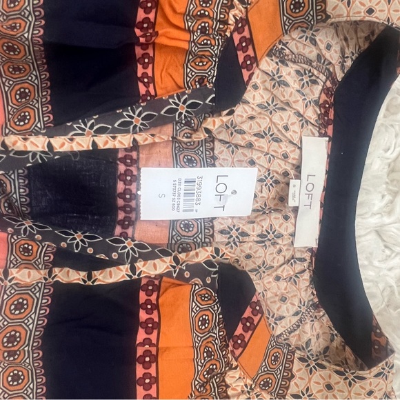 Loft NWT Navy Rust Orange Puff Sleeve Tie Neck Boho Blouse - Picture 4 of 8